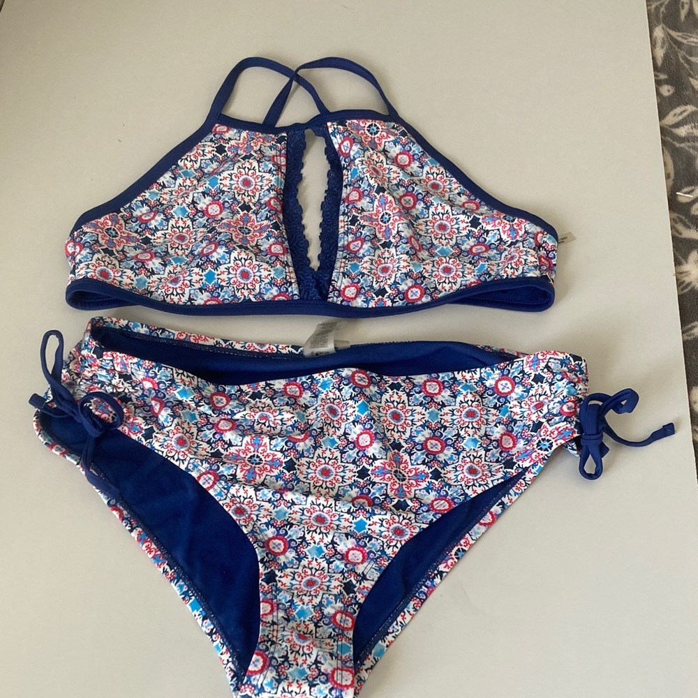Floral Print Bikini Set - Blue and Pink
